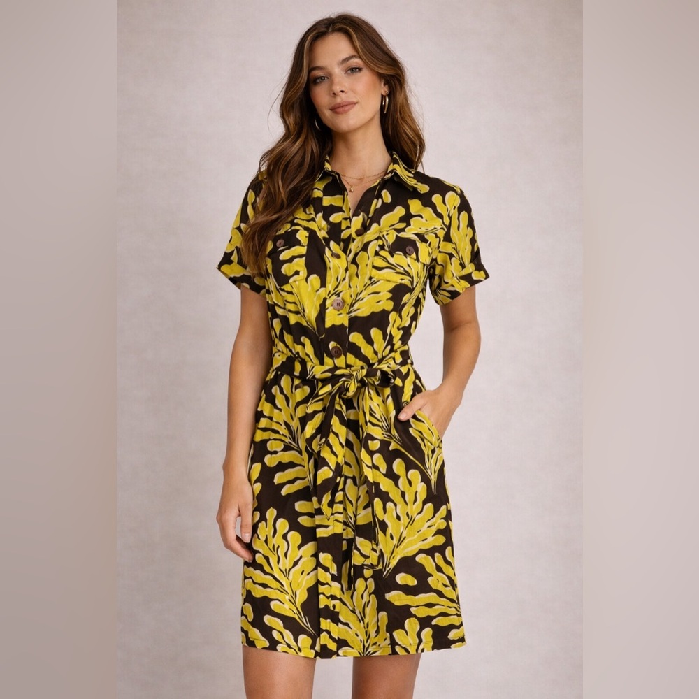 ✨💛 Diane von Furstenberg Yellow Brown Tropical Shirt‎ Dress Size 4 💛✨